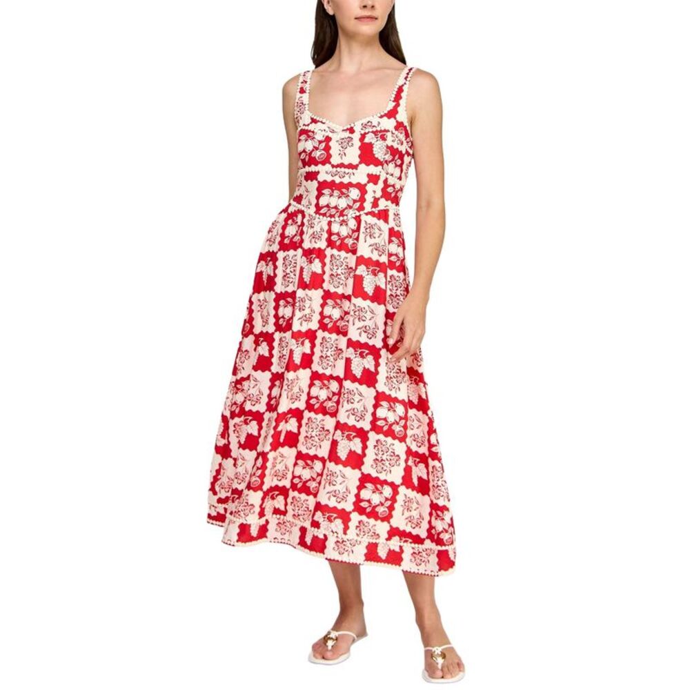 Planet Gold Juniors Floral-Print Pom Pom-Trim Midi Dress XXS Red - NWT $69